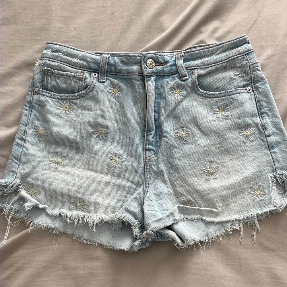 American Eagle Outfitters Light Blue Jean Shorts with Floral Embroidery
